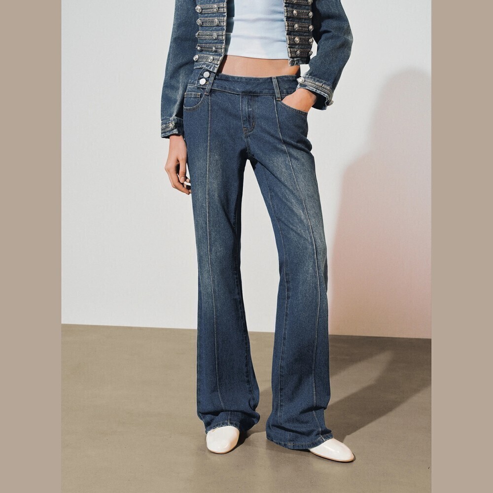 Medium Wash Denim Button Front Seam Flare Leg Jeans